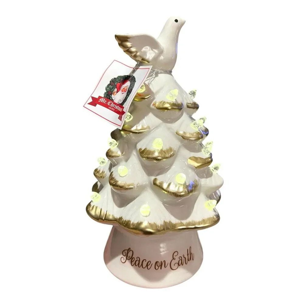 Mr Christmas Ceramic Christmas Tree Peace on Earth White Dove Lit Timer 8.5 x 5